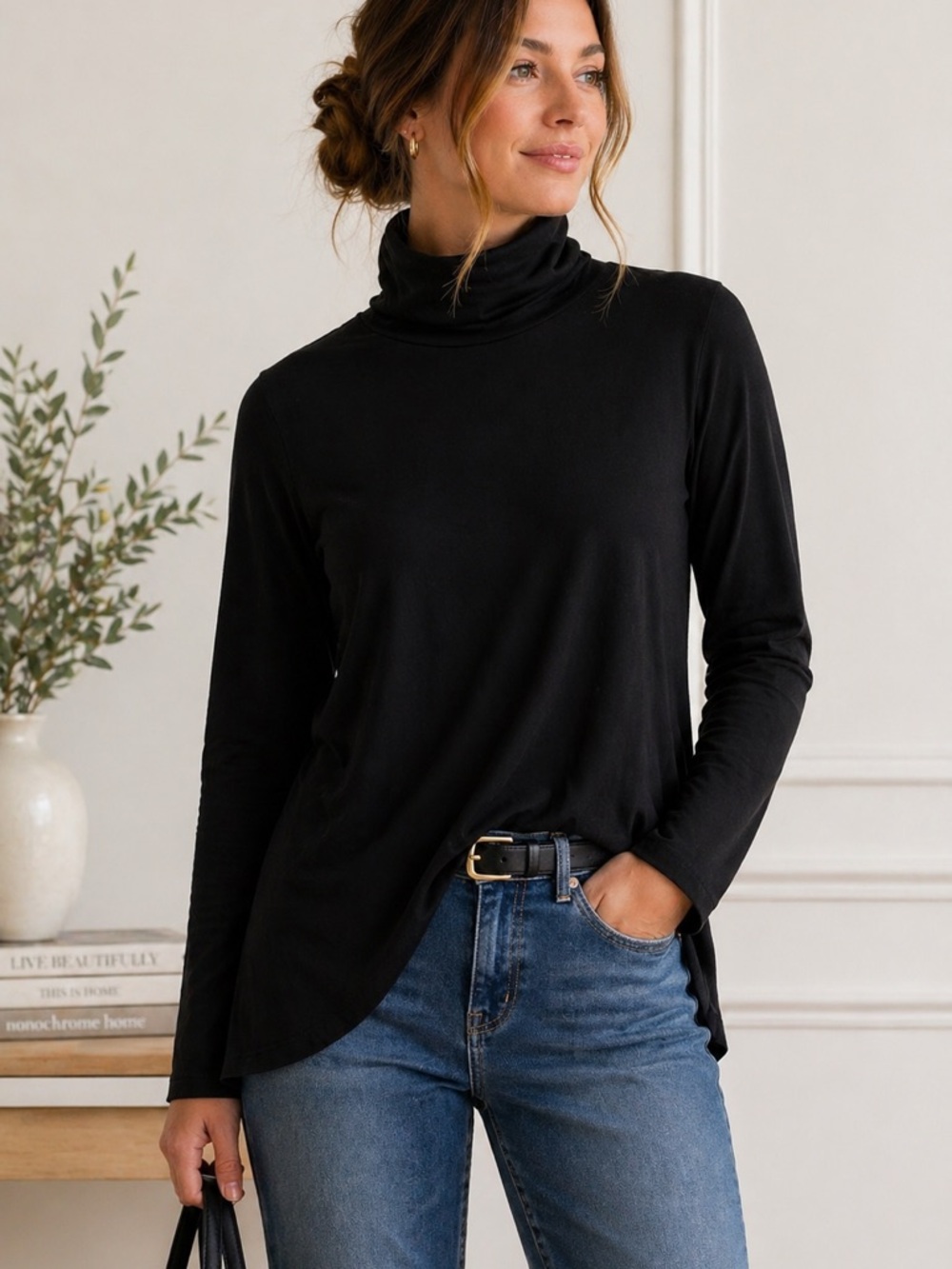J.Jill Supima Cotton Black Turtleneck Tunic XS Minimalist Capsule